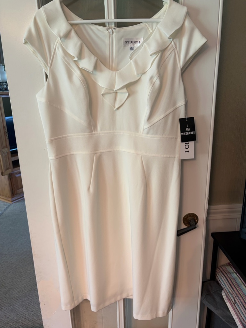 Studio I Cream Ruffle-Neck Cap Sleeve Midi Dress